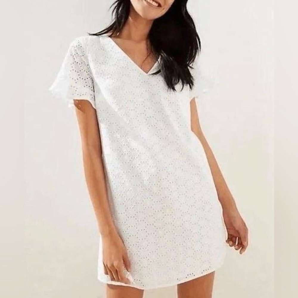 Loft Eyelet White Flutter Sleeve V Neck Lined‎ Mini Shift Dress Size 4